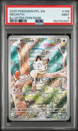 2025 POKEMON PFL EN-PHANTASMAL FLAMES ILLUSTRATION RARE #106 MEOWTH PSA 9 - Image 1