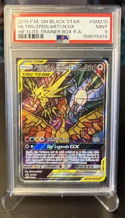 Pokemon 2019 Moltres Zapdos Articuno GX SM210 Stained Glass Hidden Fates PSA 9 - Image 1