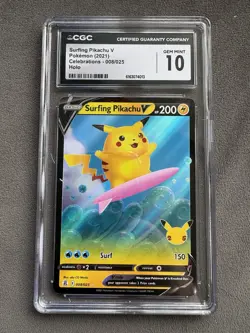 CGC 10 Gem Mint Surfing Pikachu V 008/025 Celebrations Holo Pokemon Card - Image 1