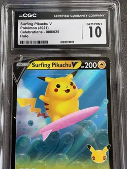 CGC 10 Gem Mint Surfing Pikachu V 008/025 Celebrations Holo Pokemon Card - Image 3