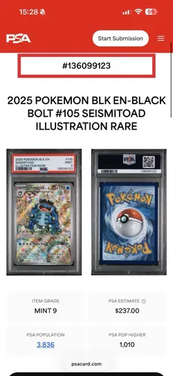 2025 POKEMON BLK EN-BLACK BOLT ILLUSTRATION RARE #105 SEISMITOAD PSA 9 - Image 3