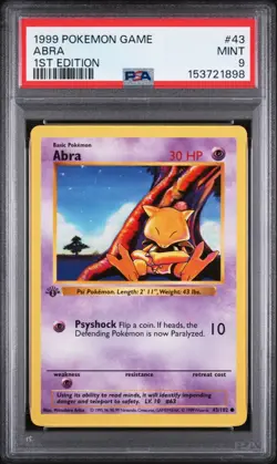 1999 POKEMON BASE SET 1ST EDITION #43 ABRA PSA 9 - Image 1