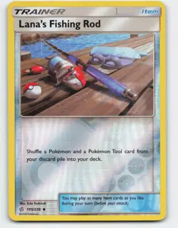 2019 Pokemon, Cosmic Eclipse, #195/236 Lana's Fishing Rod, Reverse Holo NM - Image 1
