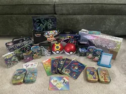 Lot Of Multiple EMPTY Pokemon TCG Tins, ETB, Mini Binders, Stickers & Lunch Box - Image 1