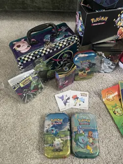 Lot Of Multiple EMPTY Pokemon TCG Tins, ETB, Mini Binders, Stickers & Lunch Box - Image 2