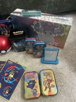 Lot Of Multiple EMPTY Pokemon TCG Tins, ETB, Mini Binders, Stickers & Lunch Box - Image 5