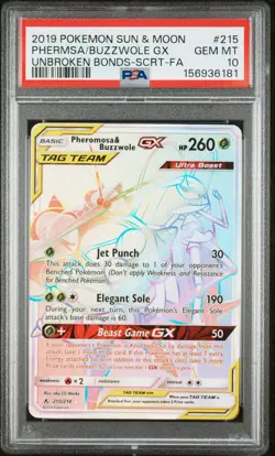 2019 POKEMON SUN & MOON UNBROKEN BONDS FULL ART/PHEROMOSA & BUZZWOLE GX PSA 10 - Image 1