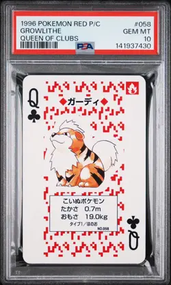 1996 POKEMON RED VERSION PLAYING CARDS QUEEN OF CLUBS #058 GROWLITHE PSA 10 - Image 1
