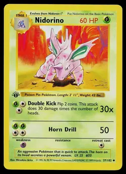 Pokemon Card - Nidorino Base Set Shadowless 37/102 1st Edition Uncommon - Image 1