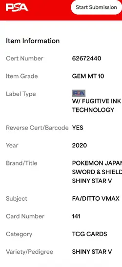 2020 POKEMON JPN SWSH SHINY STAR V #141 FULL ART/DITTO VMAX PSA 10 - Image 3