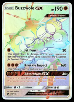 Buzzwole GX 115/111 Rainbow Rare Crimson Invasion Pokemon Holo Lightly Played - Image 1