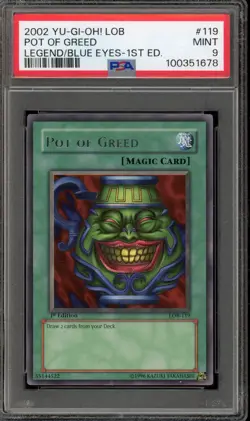Yu-Gi-Oh! Pot of Greed Legend of Blue Eyes 1st Edition Rare LOB-119 PSA 9 Mint - Image 1