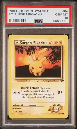 Pokemon TCG PSA 10 Lt. Surge's Pikachu 84/132 Gym Challenge Unlimited - Image 1