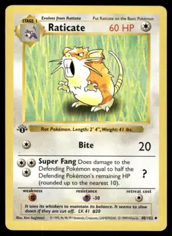 Pokemon Cards Raticate 40/102 1st Edition Base Set Shadowless Uncommon LP *5 - Image 1