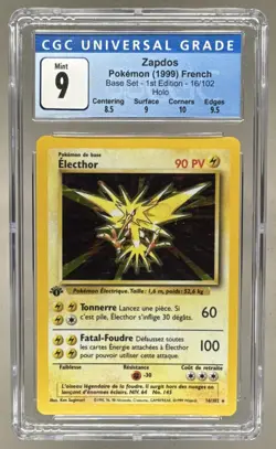 Base Set 1st Edition Zapdos 16/102 Holo 1999 CGC 9 Mint French Pokemon - Image 1