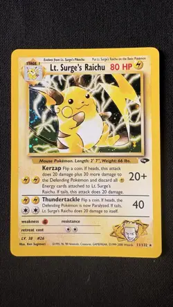 Pokemon TCG Gym Challenge Unlimited LT. SURGE'S RAICHU 11/132 Holo Rare NM - Image 1