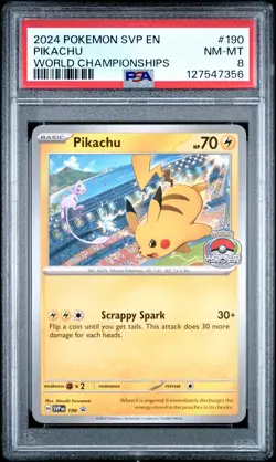 2024 POKEMON SVP EN-SV BLACK STAR PROMO WORLD CHAMPIONSHIPS #190 PIKACHU PSA 8 - Image 1
