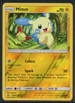 Minun 34/73 Common Shining Legends Pokemon Reverse Holo Near Mint - Image 1