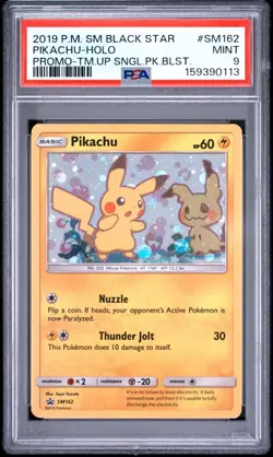 Pokemon TCG Sun & Moon Pikachu Mimikyu Black Star Promo Cosmos Holo SM162 PSA 9 - Image 1