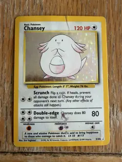 Pokemon TCG Chansey 3/102 Holo Rare Base Set Vintage 1999 WOTC, MP/HP Condition - Image 1