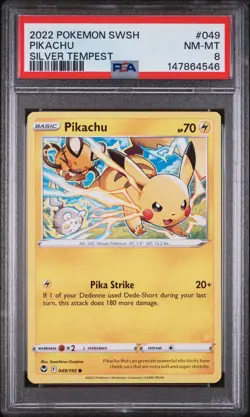 2022 POKEMON SWORD & SHIELD SILVER TEMPEST #049 PIKACHU PSA 8 - Image 1