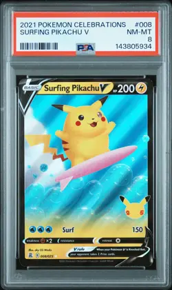 2021 POKEMON CELEBRATIONS #008 SURFING PIKACHU V PSA 8 - Image 1