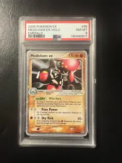 SWIRL NEW CERT PSA 8 MEDICHAM EX 95/106 Ultra Rare Ex Emerald Pokemon Card 2005 - Image 1