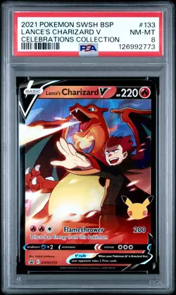 2021 POKEMON SWSH BLACK STAR PROMO CELEBRATIONS COLL LANCE'S CHARIZARD V PSA 8 - Image 1