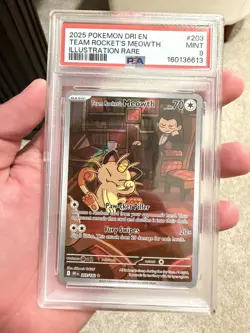 Pokemon TCG Destined Rivals Team Rocket's Meowth #203 Illustration Rare PSA 9 - Image 1