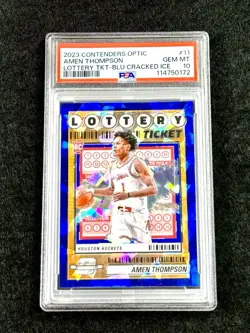 2023 Contenders Optic AMEN THOMPSON RC Lottery BLU Cracked Ice #/75 PSA 10-POP 3 - Image 1