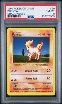 1999 POKEMON BASE SET SHADOWLESS #60 PONYTA PSA 8 - Image 1