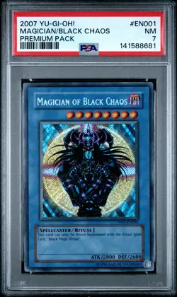 2007 YU-GI-OH! PREMIUM PACK #EN001 MAGICIAN OF BLACK CHAOS PSA 7 - Image 1