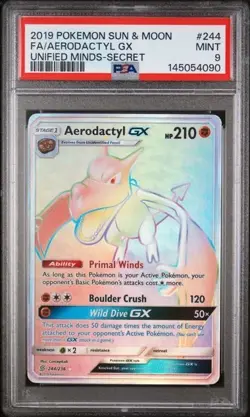 AERODACTYL GX #244 PSA 9 • 2019 SECRET UNIFIED MINDS POKEMON CARD - Image 1