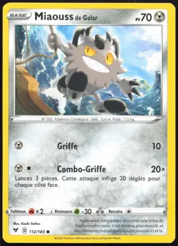 Carte Pokemon Miaouss de Galar 112/185 Voltage Eclatant Francais - Image 1