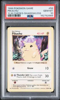 1999 POKEMON GAME YELLOW CHEEKS-SHADOWLESS #58 PIKACHU PSA 10 - Image 1