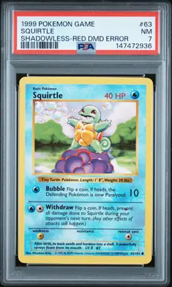 1999 POKEMON BASE SET SHADOWLESS-RED DIAMOND ERR #63 SQUIRTLE PSA 7 - Image 1