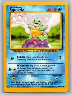 Squirtle 63/102 Common Base Set Unlimited Pokemon Moderately Played - Image 1