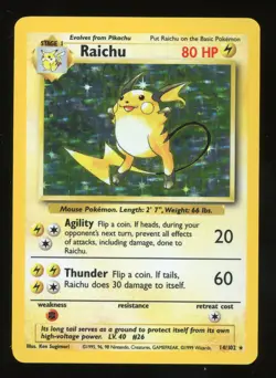 Pokemon Raichu 14/102 Base Set Holo Rare WOTC Vintage Raw LP - Image 1