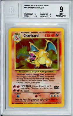 Pokemon Graded: Charizard 4/102 Base Fourth Print (1999) Holo Beckett 9 - Image 1