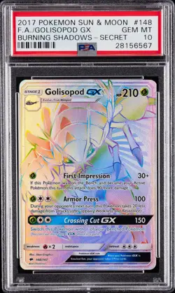 2017 POKEMON SUN & MOON BURNING SHADOWS SECRET #148 FULL ART/GOLISOPOD GX PSA 10 - Image 1