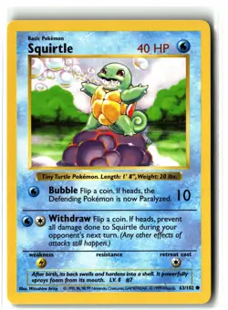 Squirtle ⭐ 63/102 Vintage WOTC Base Set Shadowless 1999 Pokemon NM - Image 1