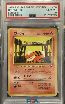 1998 POKEMON JAPANESE VENDING SERIES III #58 GROWLITHE PSA 10 - Image 1