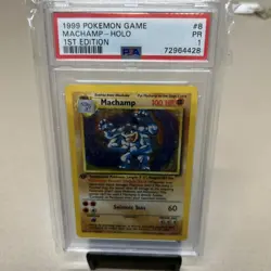 1999 POKEMON GAME 1ST ED #8 MACHAMP-HOLO PSA 1 - Image 1