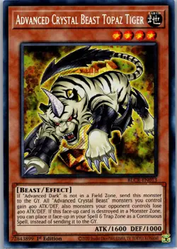 Yugioh Advanced Crystal Beast Topaz Tiger BLCR-EN013 Secret Rare 1st Ed NM - Image 1