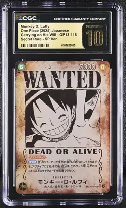 CGC 10 Pristine Luffy OP13-118 SEC Wanted SP Alt Art Carrying on His One Piece - Image 1