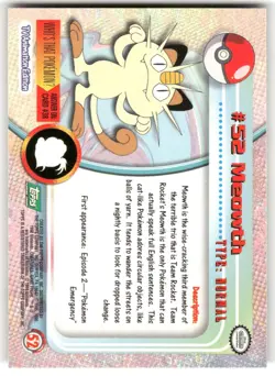 Meowth #52 Non-holo Topps Trading Cards Series 1 Pokemon Near Mint - Image 2