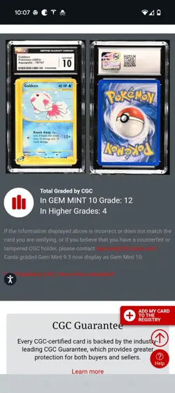 (POP 12) CGC 10 GEM MINT Goldeen 78/147 Aquapolis 2003 Pokemon Card - Image 4