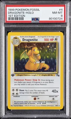 1999 POKEMON FOSSIL 1ST EDITION #4 DRAGONITE-HOLO PSA 8 - Image 1