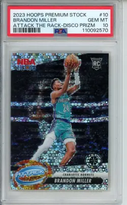2023-24 NBA Hoops Premium Brandon Miller Disco Attack the Rack RC Hornets PSA 10 - Image 1