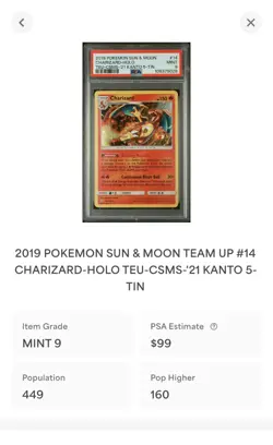 2019 POKEMON SUN & MOON TEAM UP #14 CHARIZARD-HOLO PSA 9 - Image 3